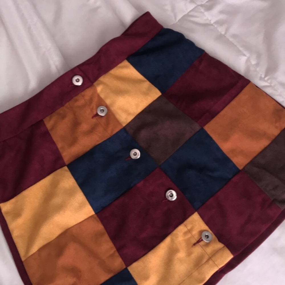 SHEIN Brown Yellow Block Suede Button Skirt